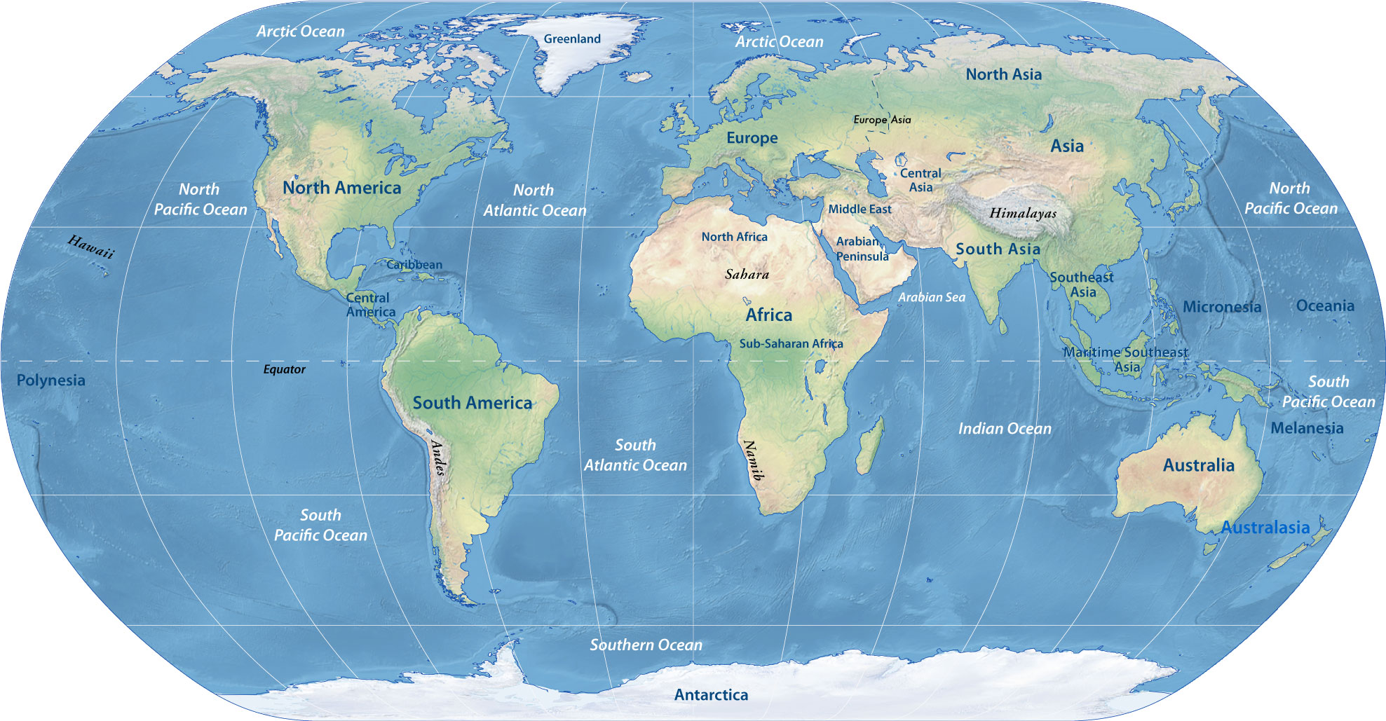 Labeled World Map with Oceans and Continents