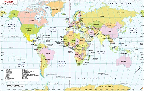 Map of the World with Latitude and Longitude Lines