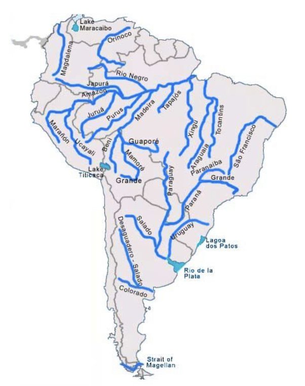 Map Of Rivers In South America In Printable PDF