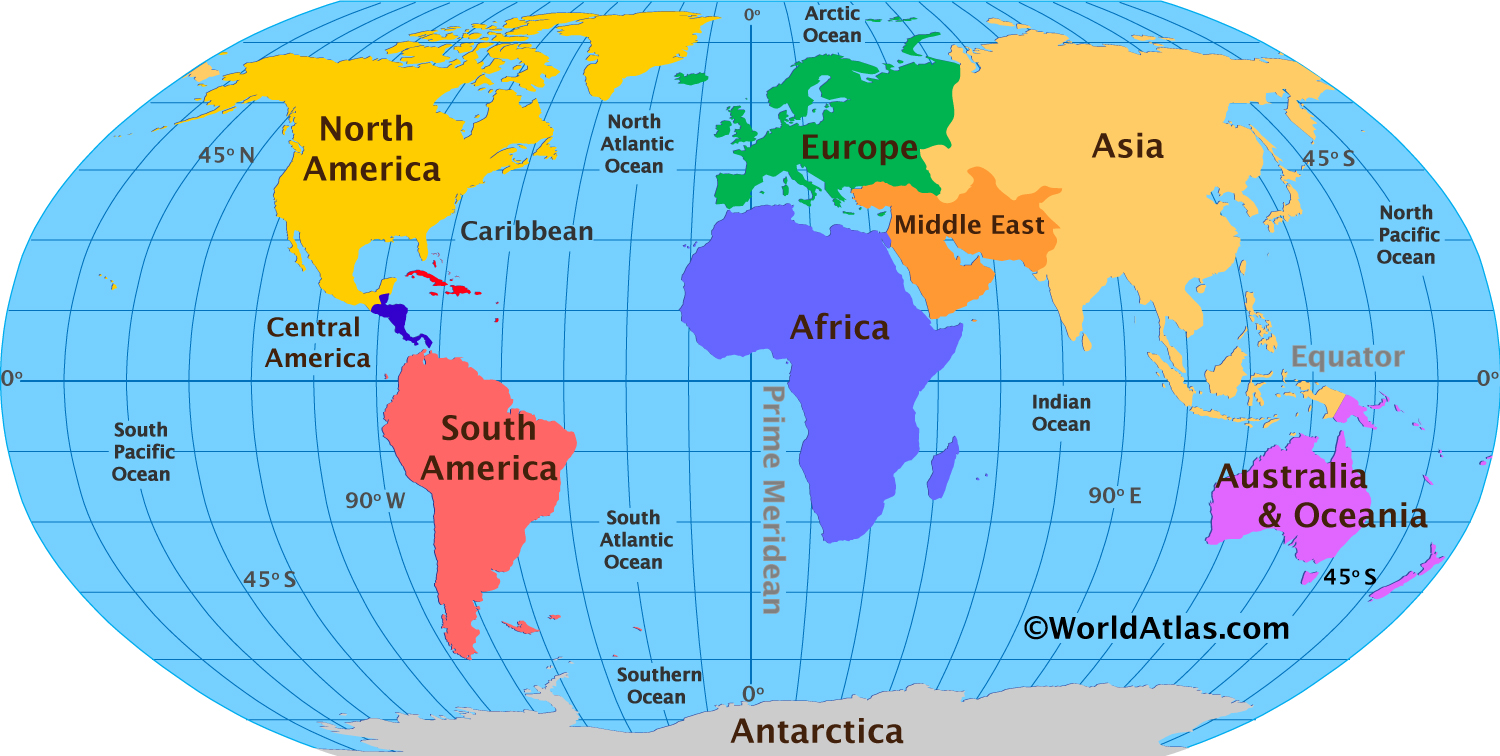 Labeled World Map With Oceans And Continents 