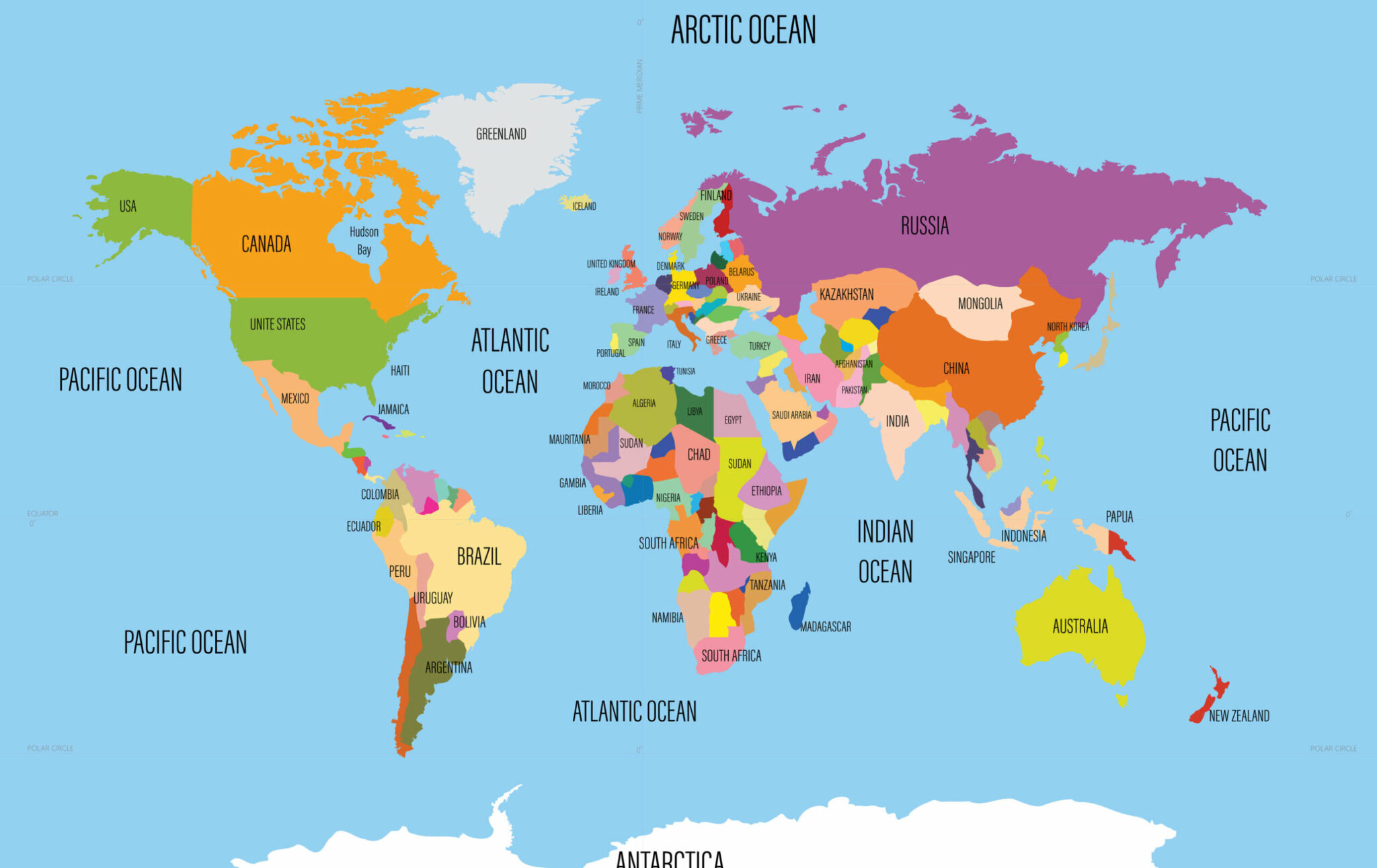 Labeled World Map with Oceans and Continents