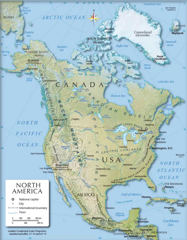 Map of North America with Rivers