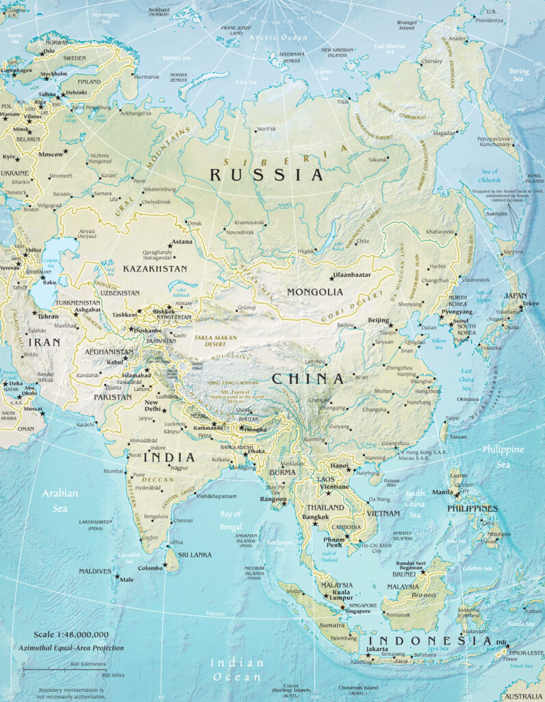 Map of Asia with Mountain Ranges