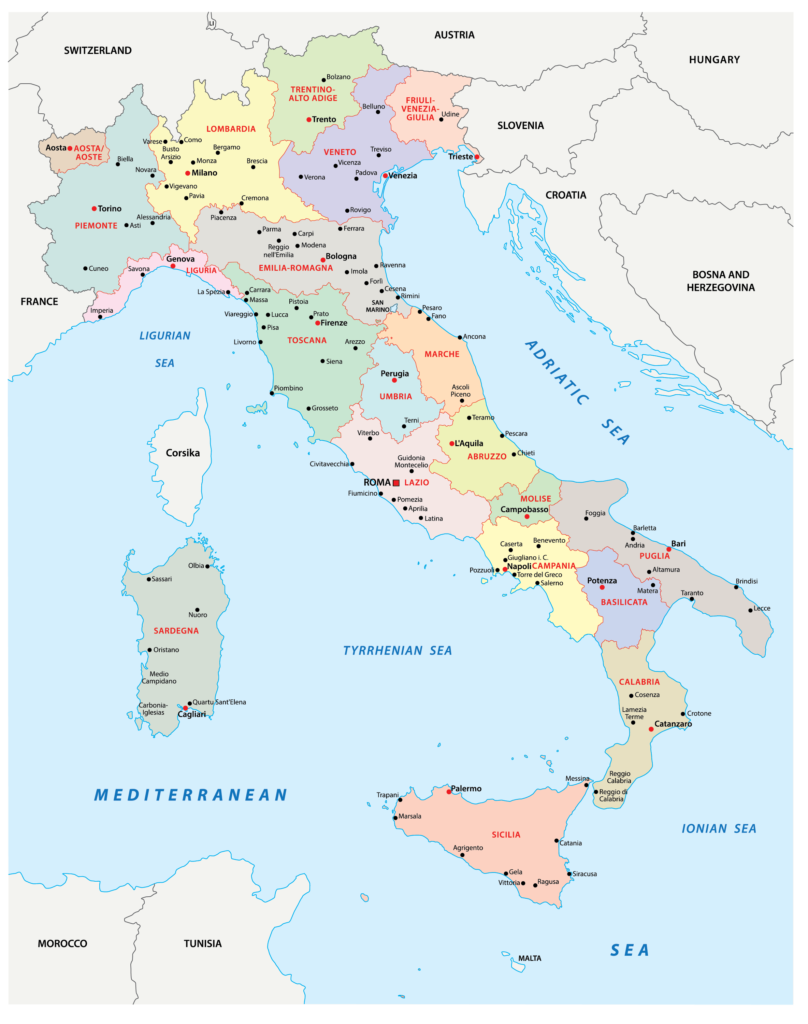 Labeled Map of Italy with Cities