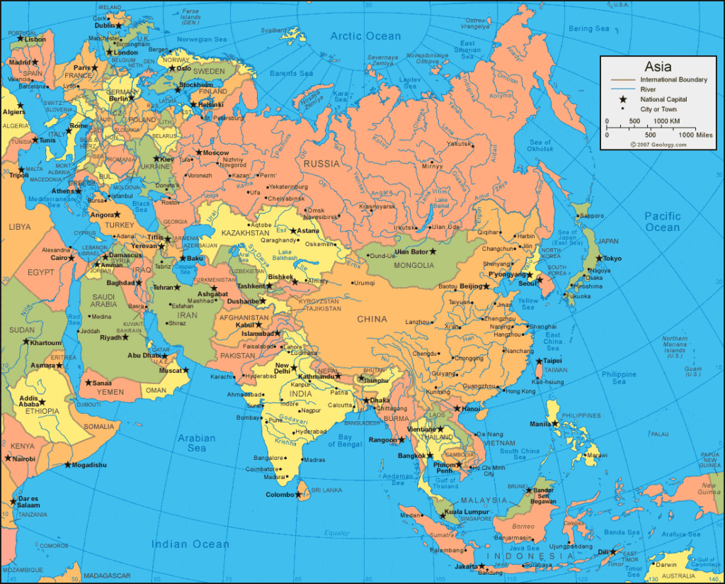 Labeled Map of Asia with Capitals