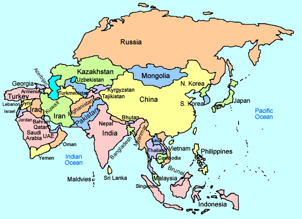Map of Asia with Labeled Countries