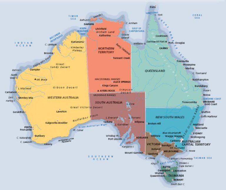 Labeled Map of Australia with States, Cities, Capitals