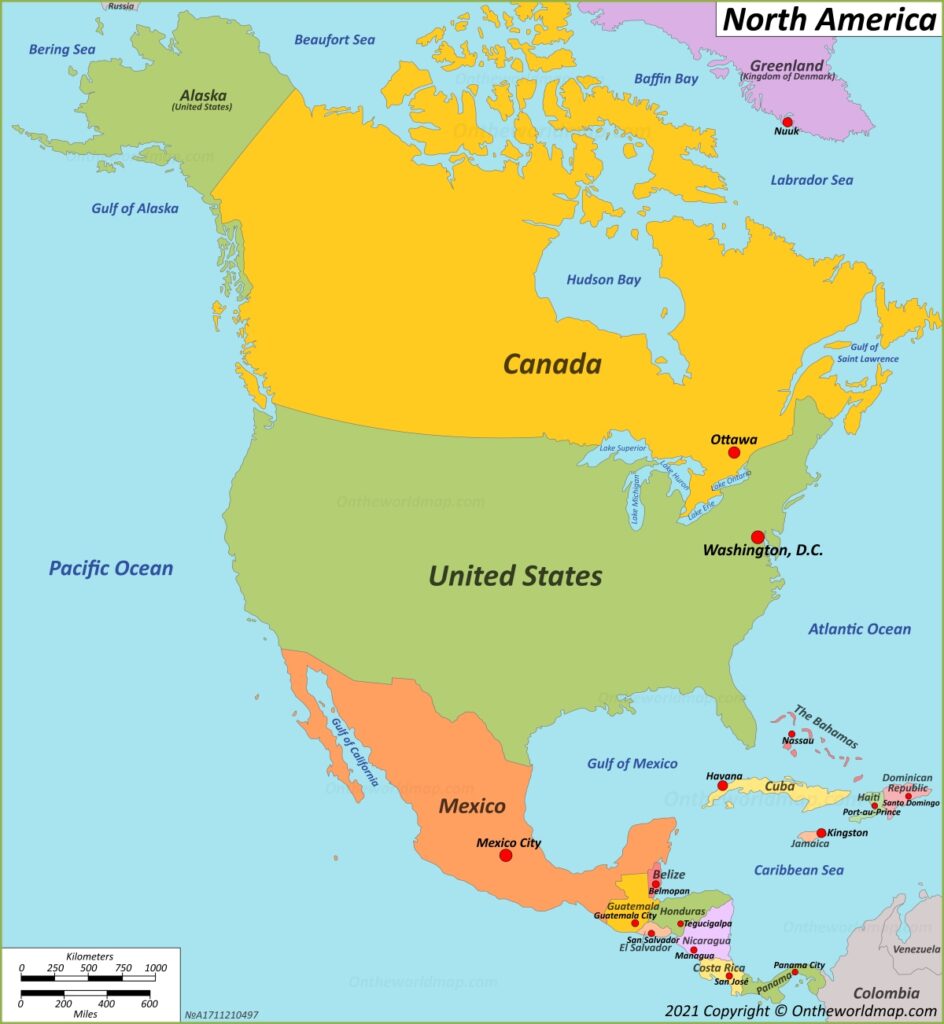 Labeled Physical Map of North America Capitals