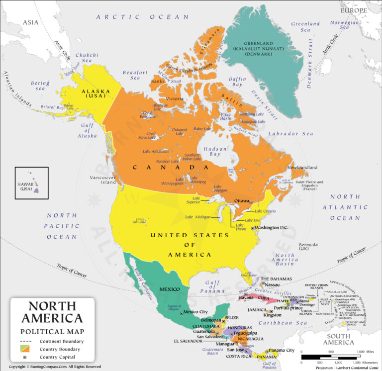 Labeled Map of North America with Countries, Capitals, Rivers