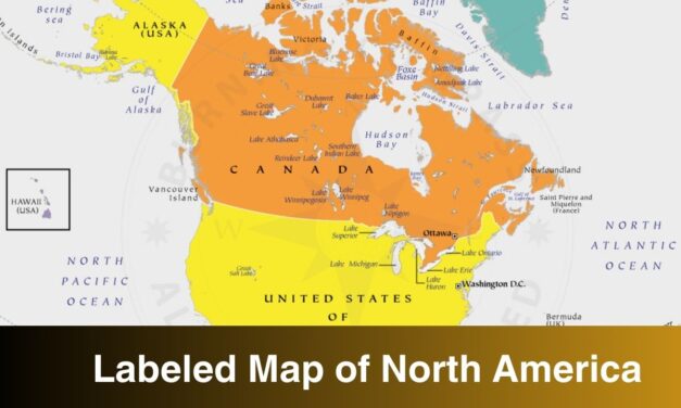 Labeled Map of North America with Capitals, Rivers, Countries